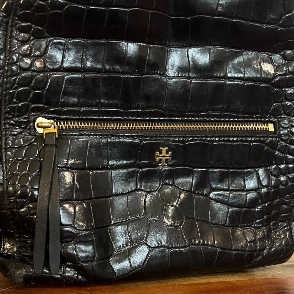 Tory Burch Croc Embossed Black Leather Backpack Purse Gold Authenticity Quality - Picture 5 of 16